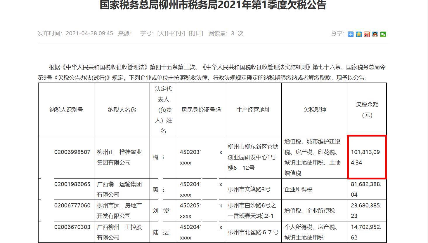 柳州税务局发布2021年第1季度欠税公告,14家公司欠税约2.8亿元