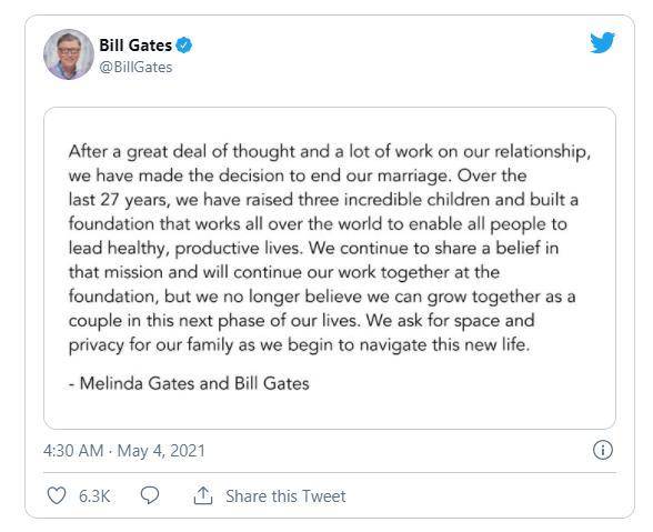 比尔·盖茨夫妇宣布离婚 他们于1994年1月1日结婚