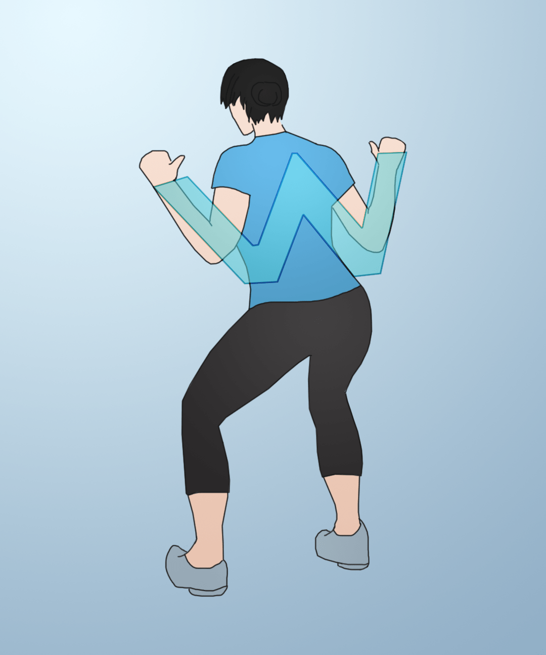 动作要领:屈曲双腿,肩胛骨向内收紧,双手屈肘,同时向上抬起手臂,与