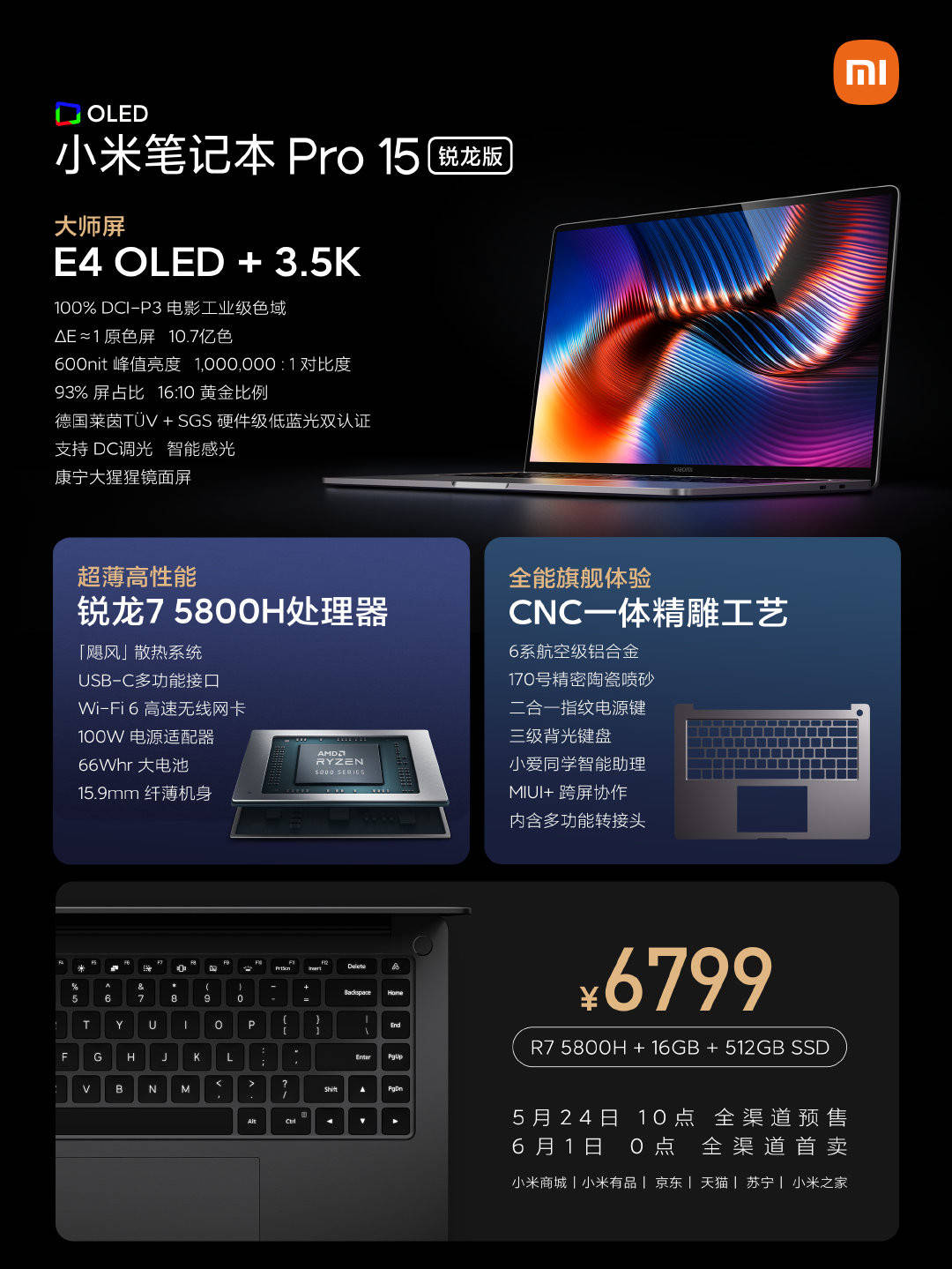 预售|小米笔记本Pro 15锐龙版发布：R7-5800H+3.5K OLED，6799元