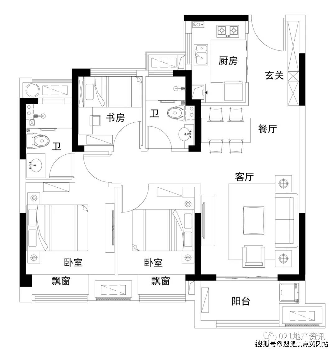 建面约97平三房两厅两卫枫境澜庭,由世界500强,中国地产三强碧桂园