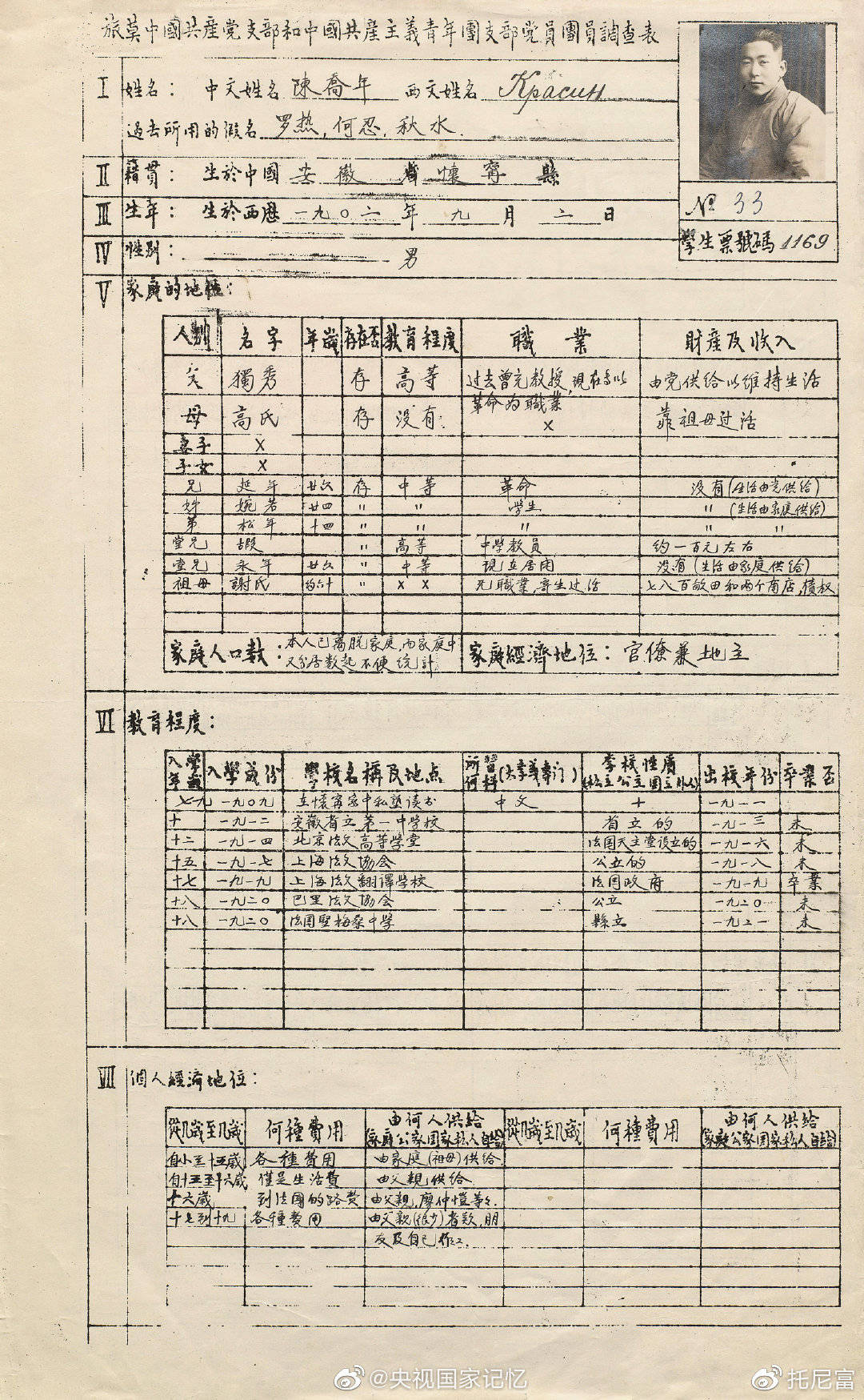 陈独秀之子陈乔年履历表首度公开 其兄因胡适告密被国民党虐杀 汪孟邹