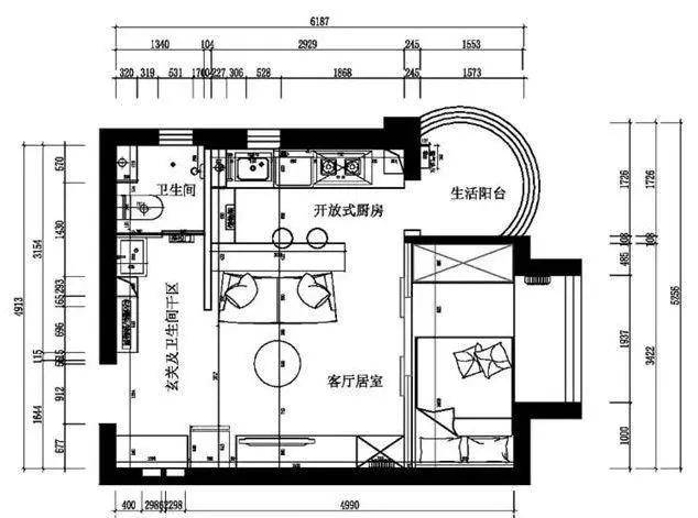 39㎡小戶型公寓,一體式的玄關櫃與電視櫃,臥室牆換成了黑框玻璃推拉門