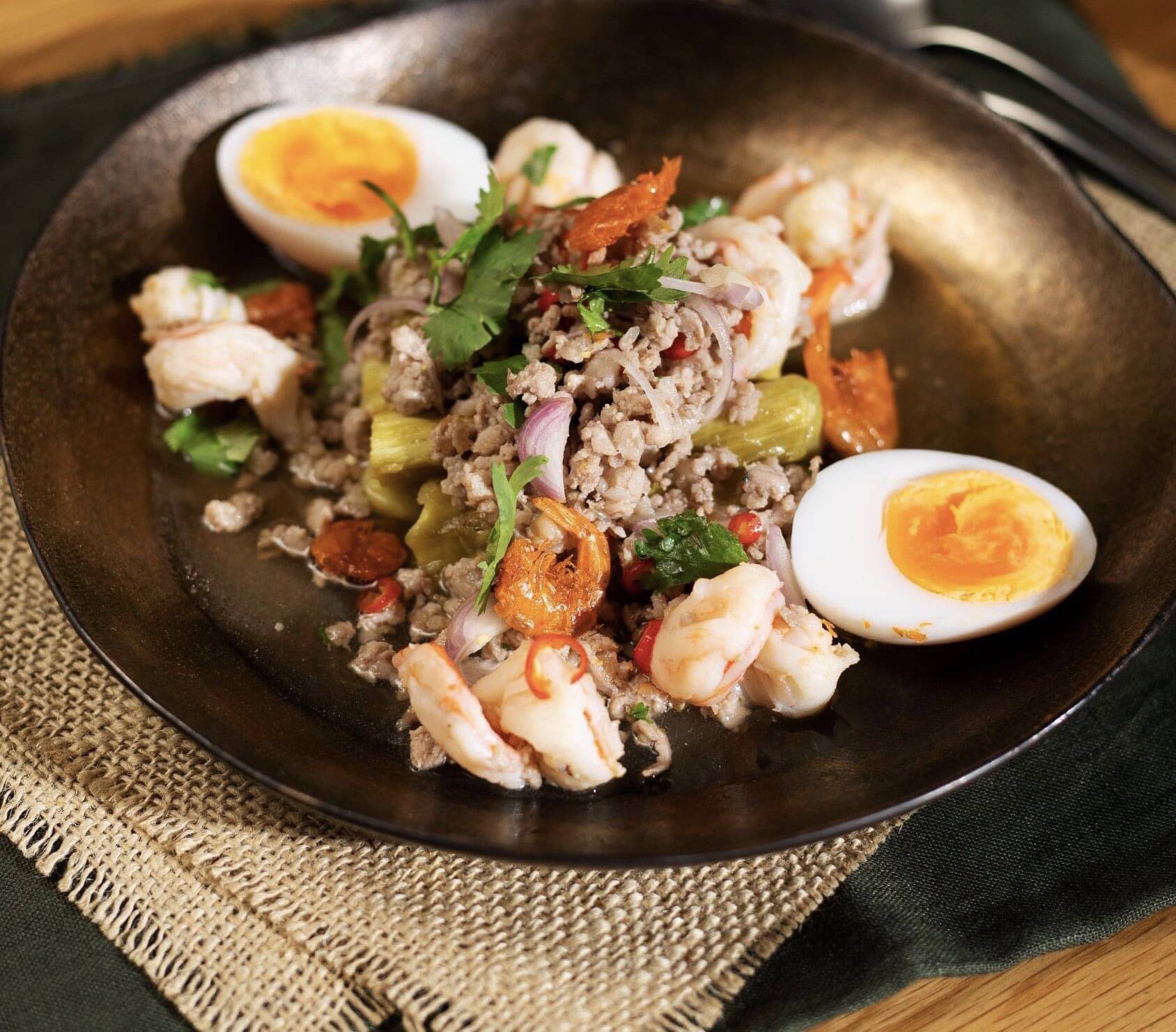 夏日美食,泰国茄子肉沫海鲜沙拉