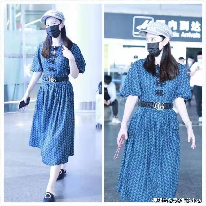 张萌衣|老板娘张萌衣品好，穿蓝裙配Gucci腰带够高级，一身冷皮白得反光