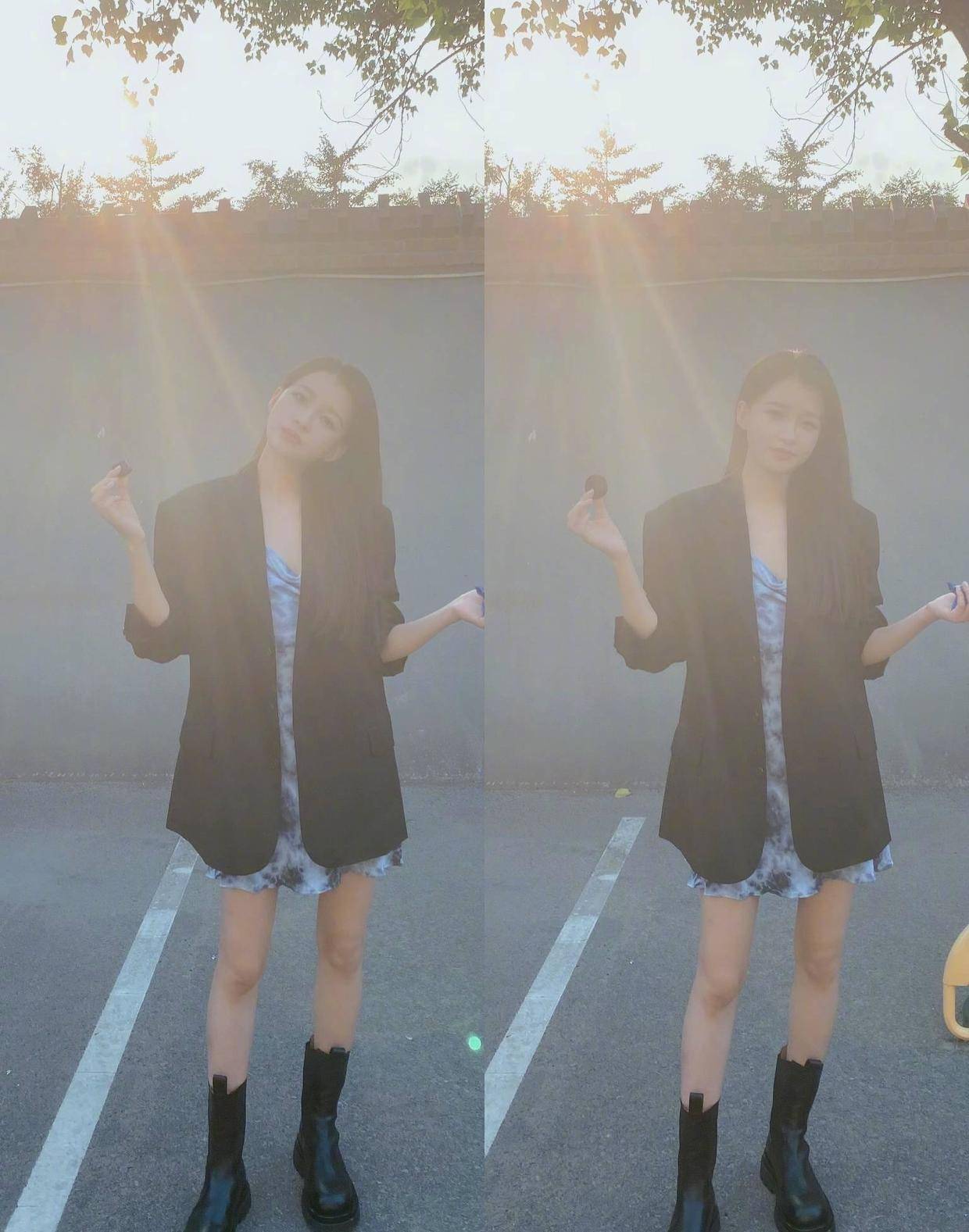 黑色|孙怡的细腰长腿无敌了！泡泡袖上衣搭配黑色皮质短裙，俏皮洋气