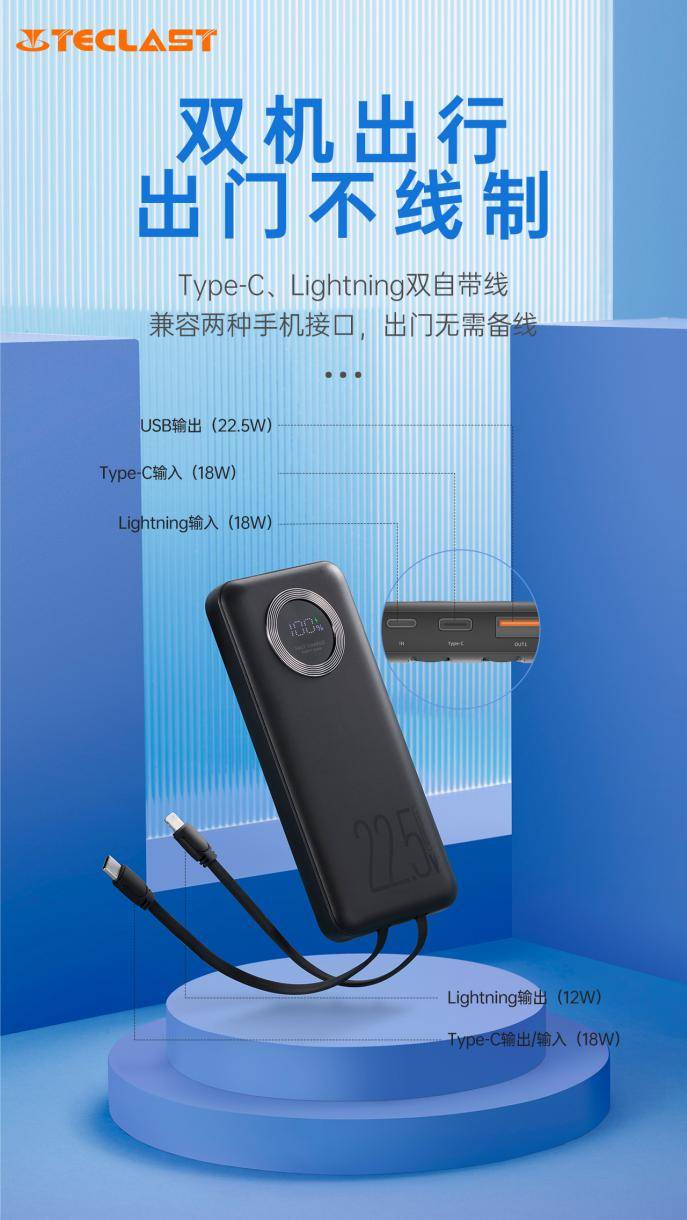 电量|台电推出22.5W小双辫移动电源：自带Type-C/Lightning 双线，10000mA·h仅79元