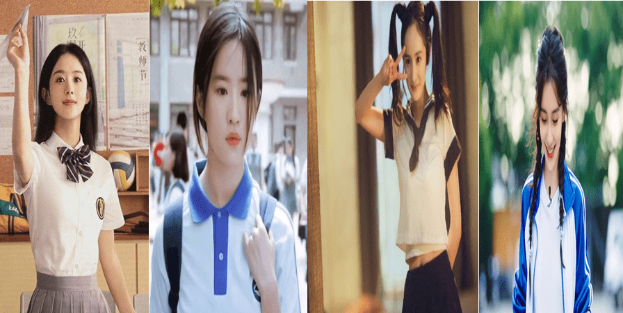 校服|杨颖双马尾麻花辫、蓝白校服造型，甜甜的微笑满满的少女心