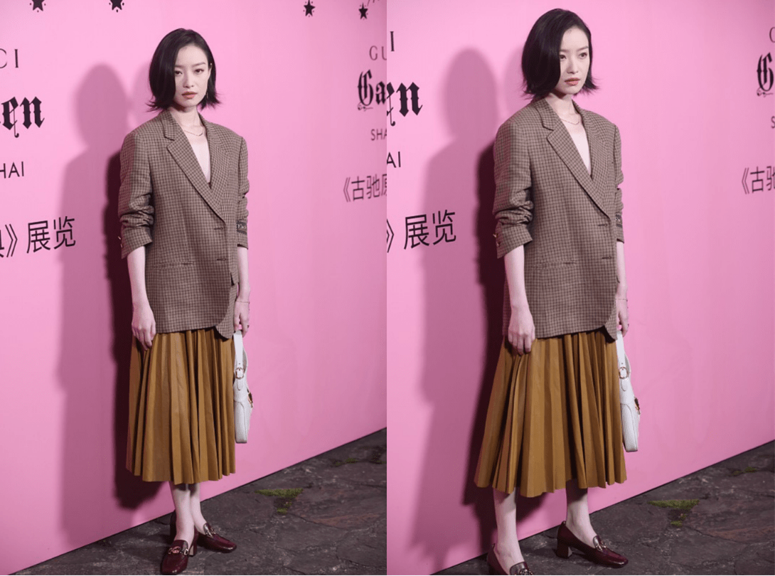 廓形|倪妮的生图比精修图还要美，穿西装配开叉裙，露出长腿又细又直