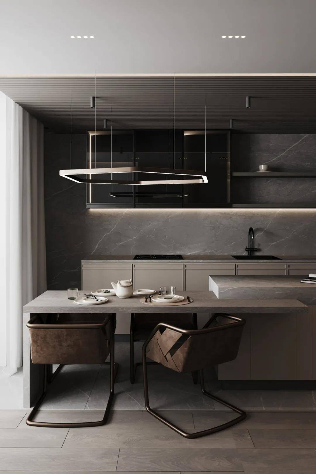 l型落地厨柜,采用岩板,木饰面,格栅三种元素进行贯穿,带来了舒适而