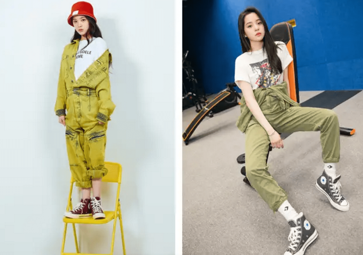 细节 佘诗曼素颜好显嫩,穿粉色连体裤扎丸子头,一点看不出是奔五的人