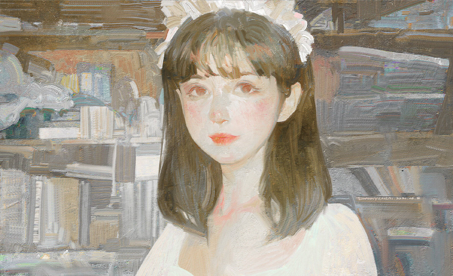 插画 高级油画质感插画作品，笔下的白衣少女太梦幻了