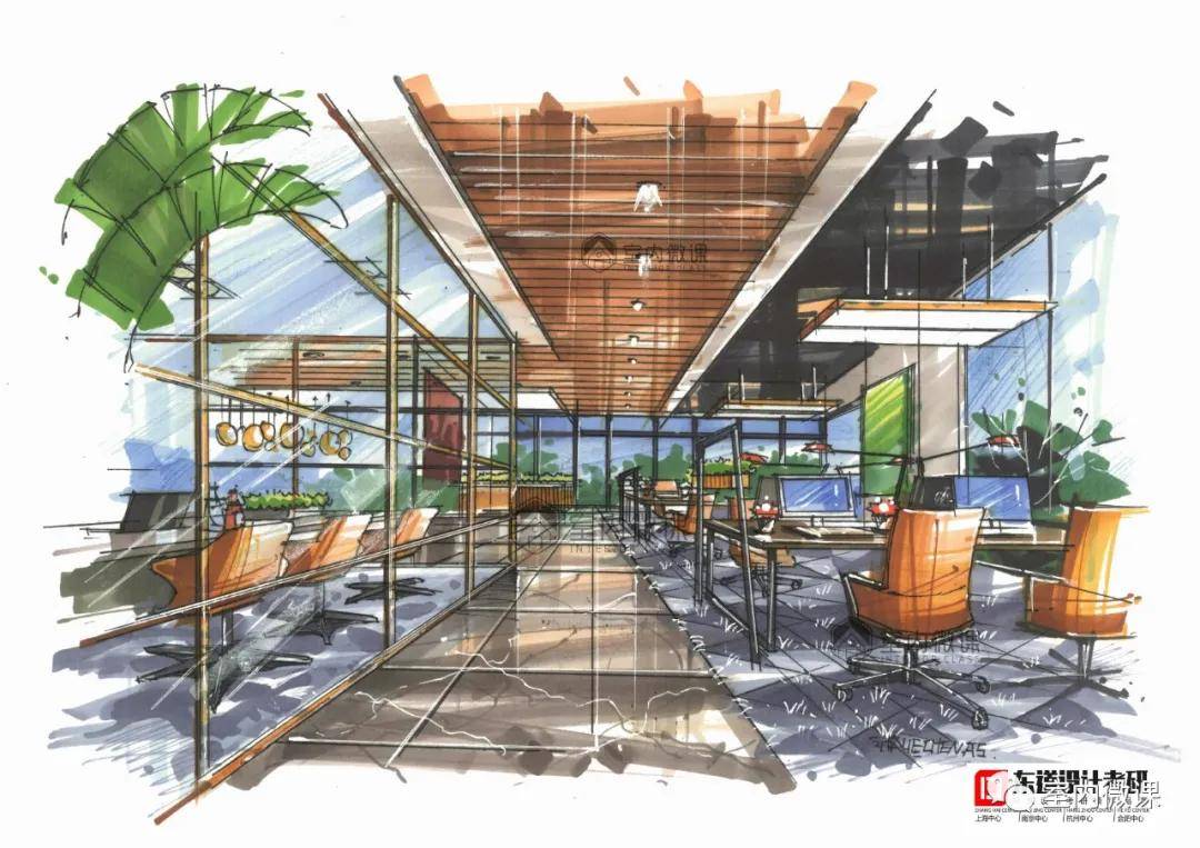 手绘教程66办公空间马克笔上色步骤解析