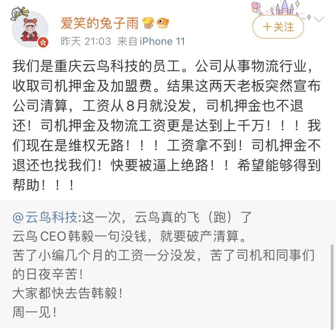 云鸟科技官微及员工声讨CEO拖欠工资、强迫集资(图2) 云鸟科技官微及员工声讨CEO拖欠工资、强迫集资(图2)