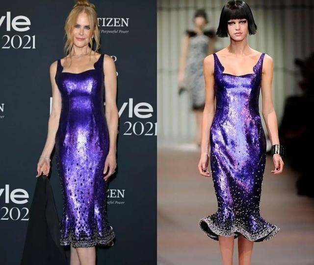 设计 妮可·基德曼54岁身材太棒了！穿紫色闪耀亮片裙，如黑夜玫瑰绽放