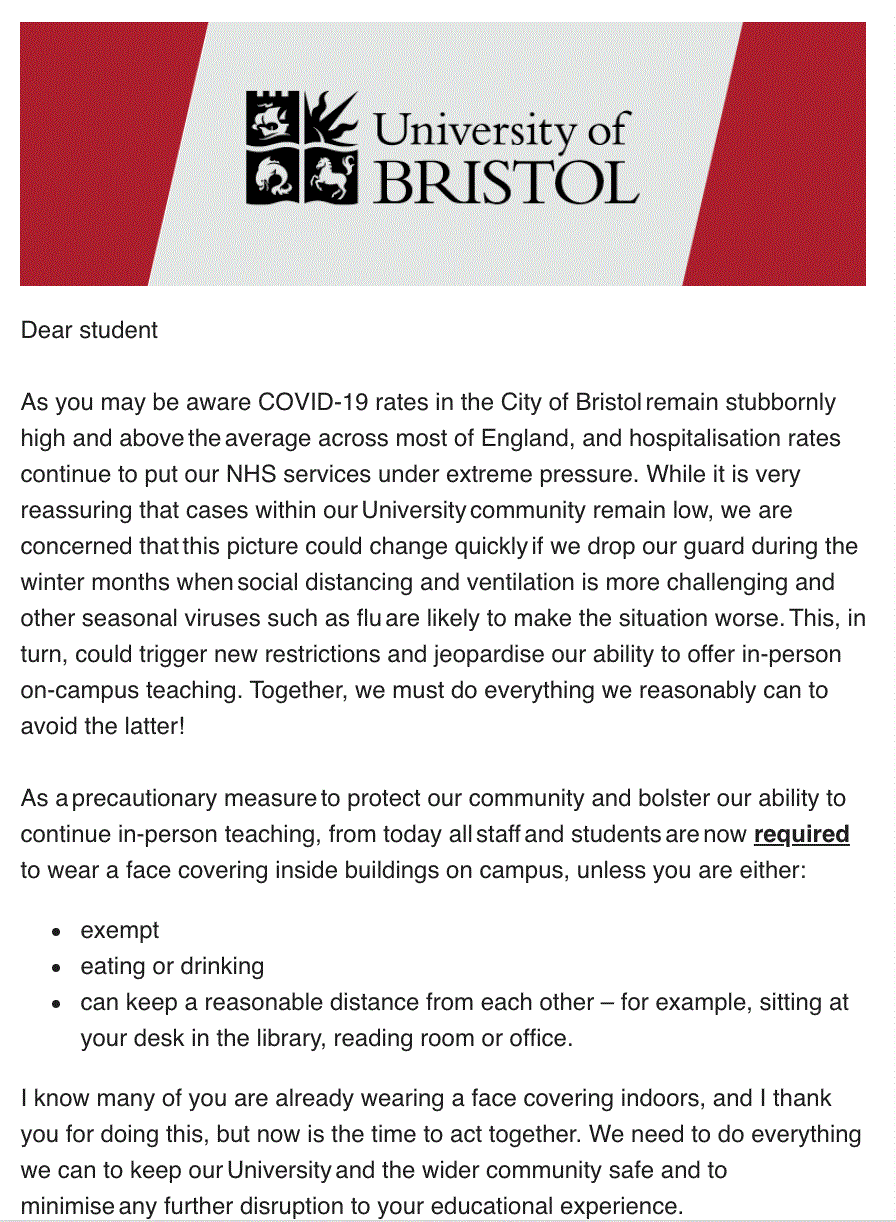 布里斯托大学宣布所有教职工和学生校内需带口罩