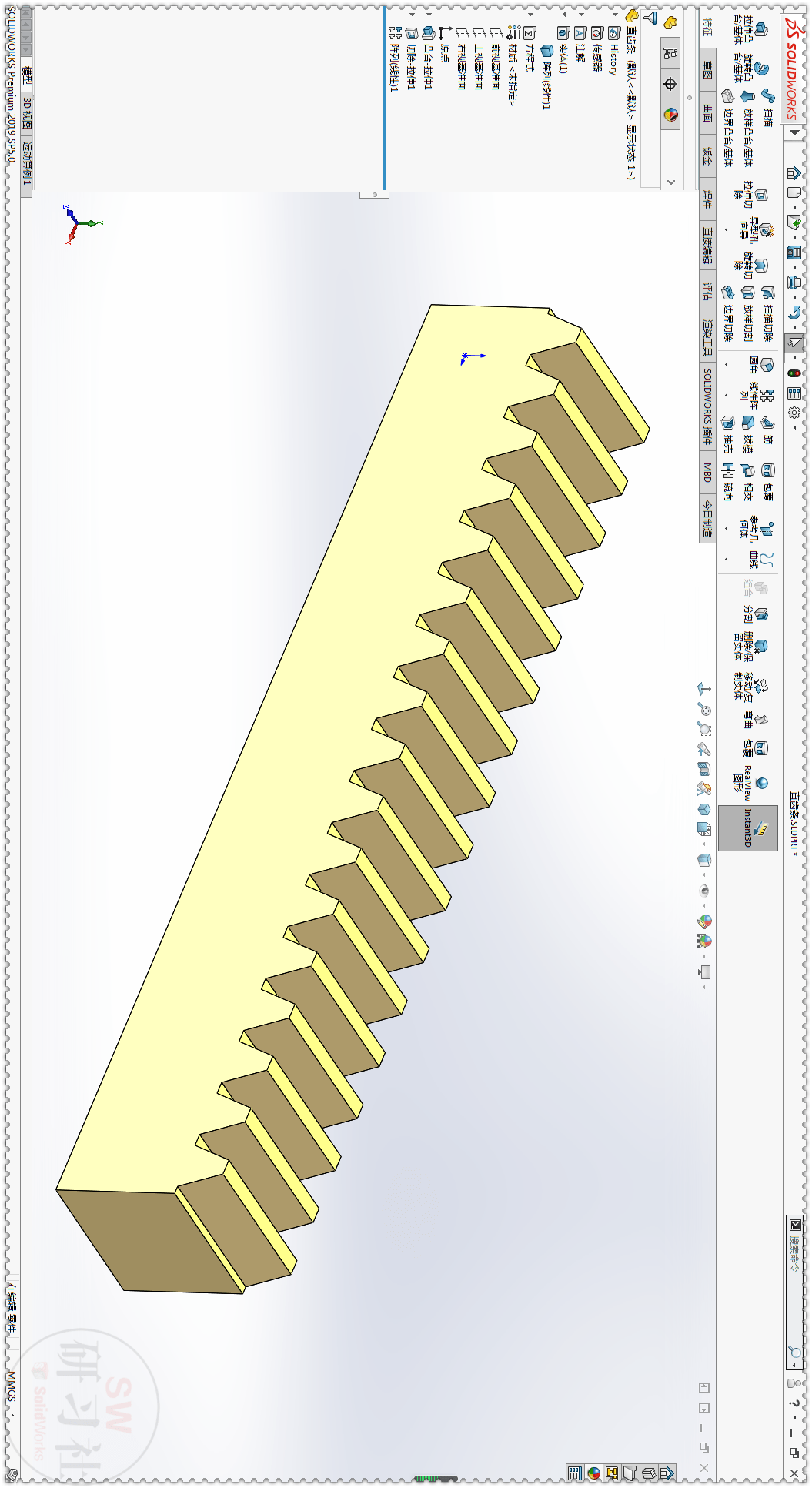 用solidworks方程式画一根直齿条非常简单三个特征就完成了