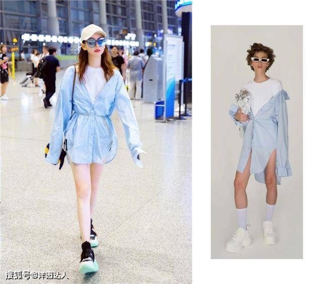 御姐 34岁戚薇走机场,穿浅蓝色衬衫配小象挎包活泼减龄,御姐身萝莉心
