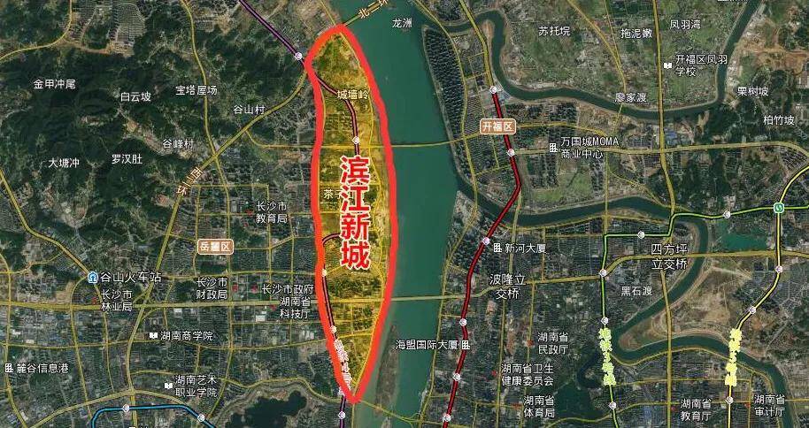 长沙市滨江新城规划南起橘子洲大桥,北至二环线,东边紧挨着湘江,西边