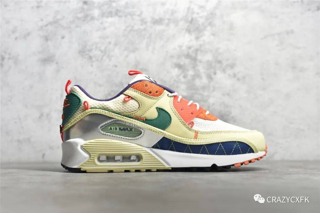耐克nike air max 90 trai 彩色拼接奶酪黄气垫运动鞋_缝线_纹理_鞋带