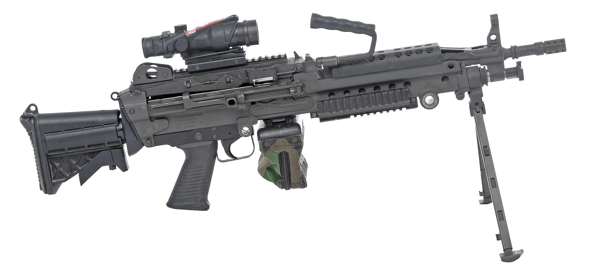 m249采用气动,气冷原理,枪管可快速更换令机枪手在枪管故障或过热时无