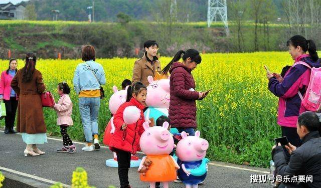 湖北宜昌 小猪佩奇 跑到 油菜花田惹小朋友围观求合影 南垭 旅游村 带着