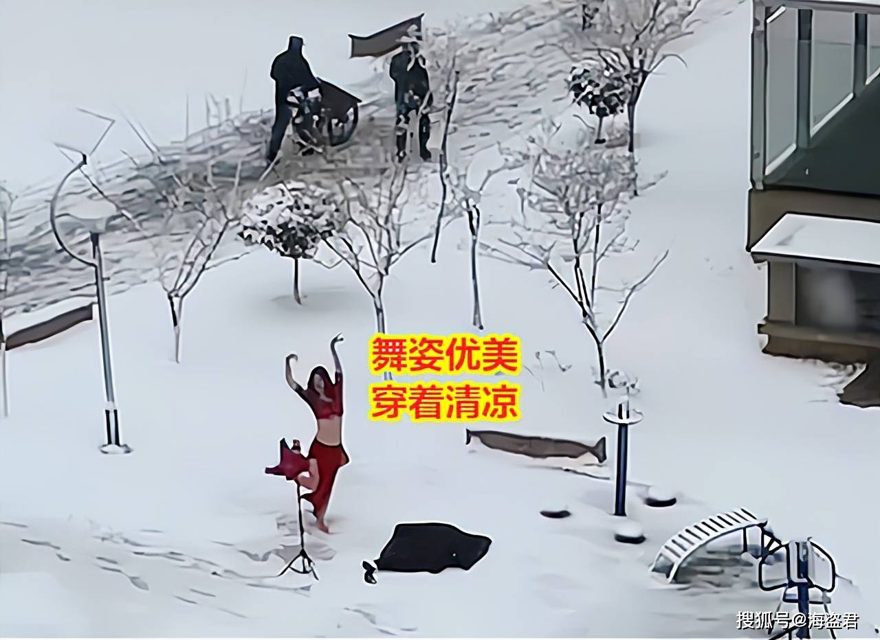 女子的舞姿非常优雅,在漫天飞雪中显示出独特的韵味,一扭一动之间让人