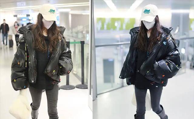 身材苗条 羽绒服多好穿！90斤Angelababy选棉服牛仔裤赶机，身材苗条被追捧