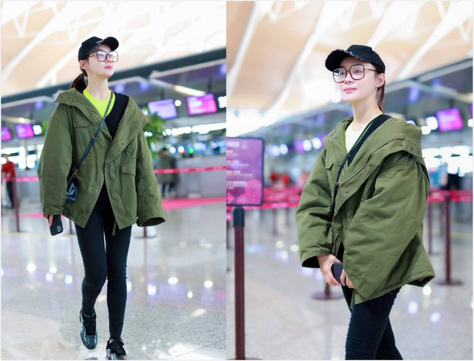 原创32岁袁姗姗真是自信穿军绿色外套配紧身裤机场大方秀素颜