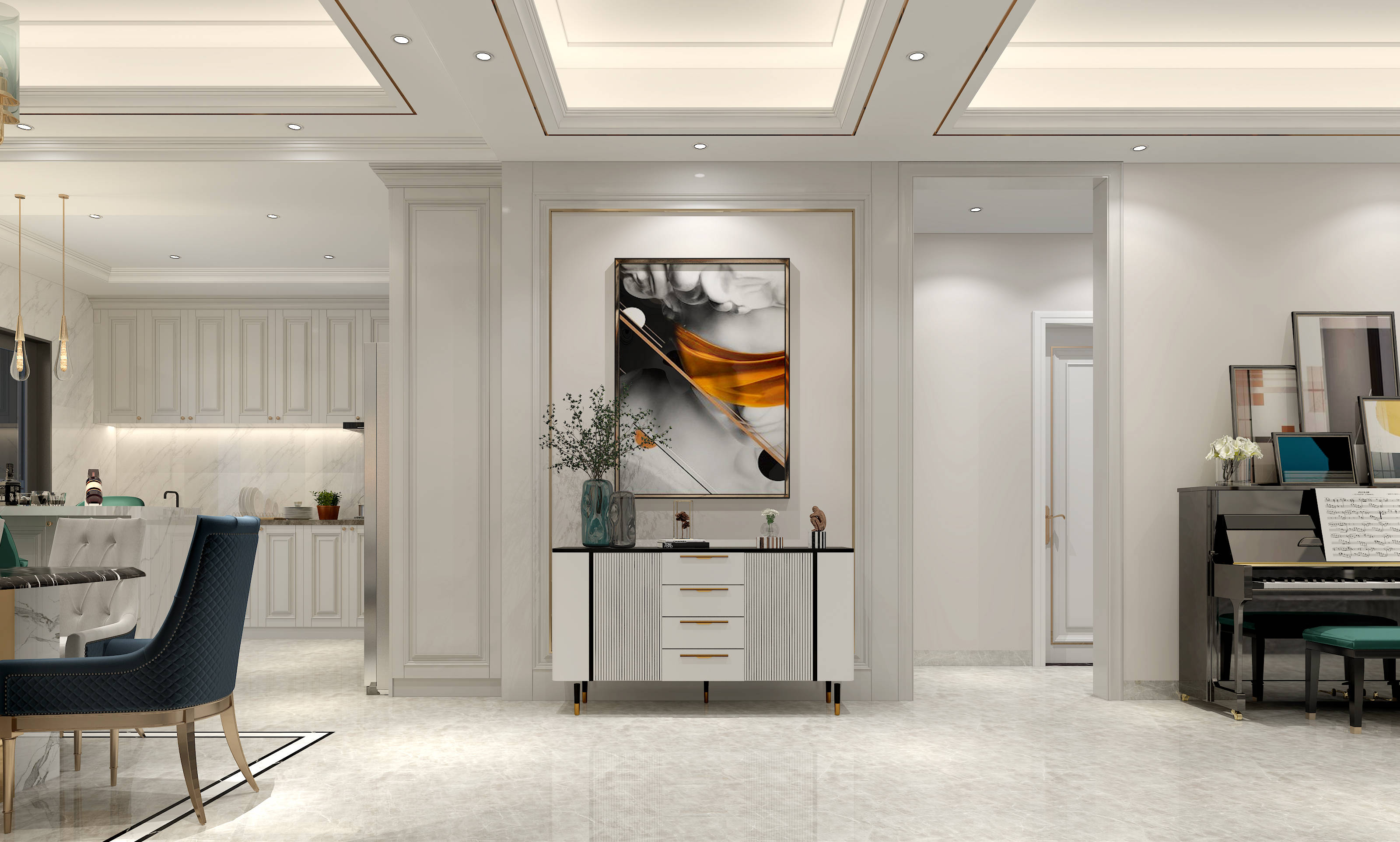 做玄关设计,改善入户左侧厨房,右侧客厅的尴尬局面,斗柜正上方设置一