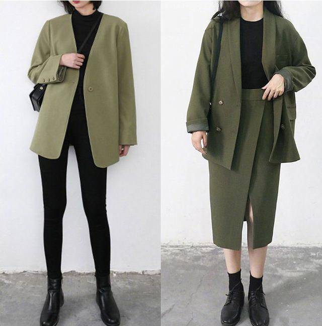 军绿色外套 紧身裤 过膝裙_粉色_颜色_显得