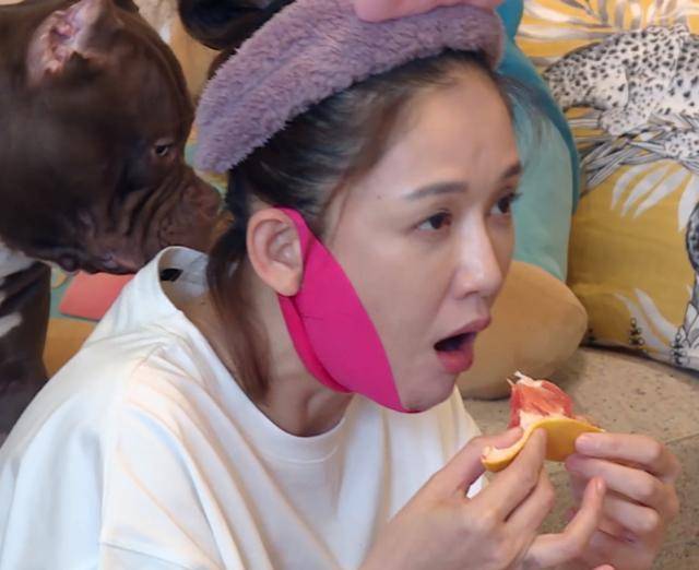 原创陈乔恩与宠物一起吃鸡肉喂狗狗后继续自己吃卫生也不注意了