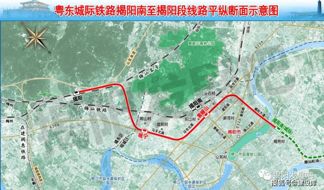 下穿梅汕客專西行至豐溪村,上跨國道 g206 沿望江北路設砲臺站,出站後