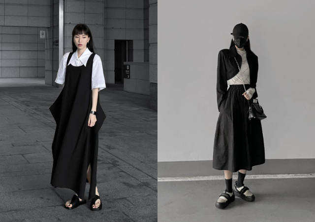 清一色都是黑白色系的穿搭照