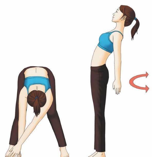 起身,双手撑腰,上身向后仰,腹部尽量往前挺.重复以上同样动作数次.