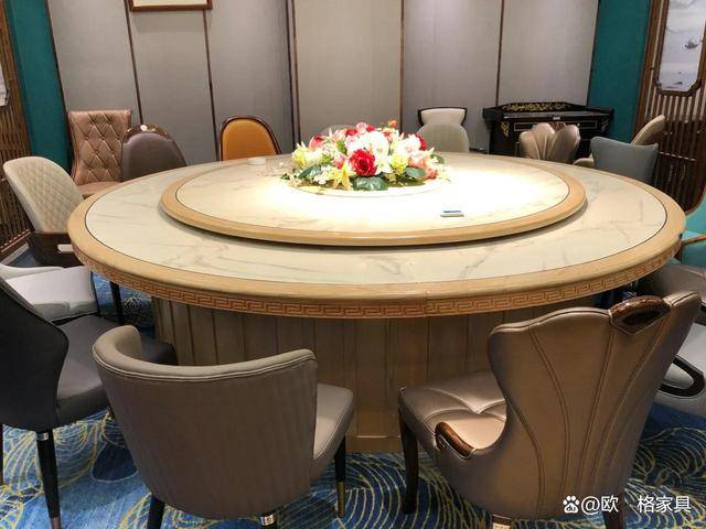 别墅高档电动餐桌时尚大理石圆桌 实木 特色 文化