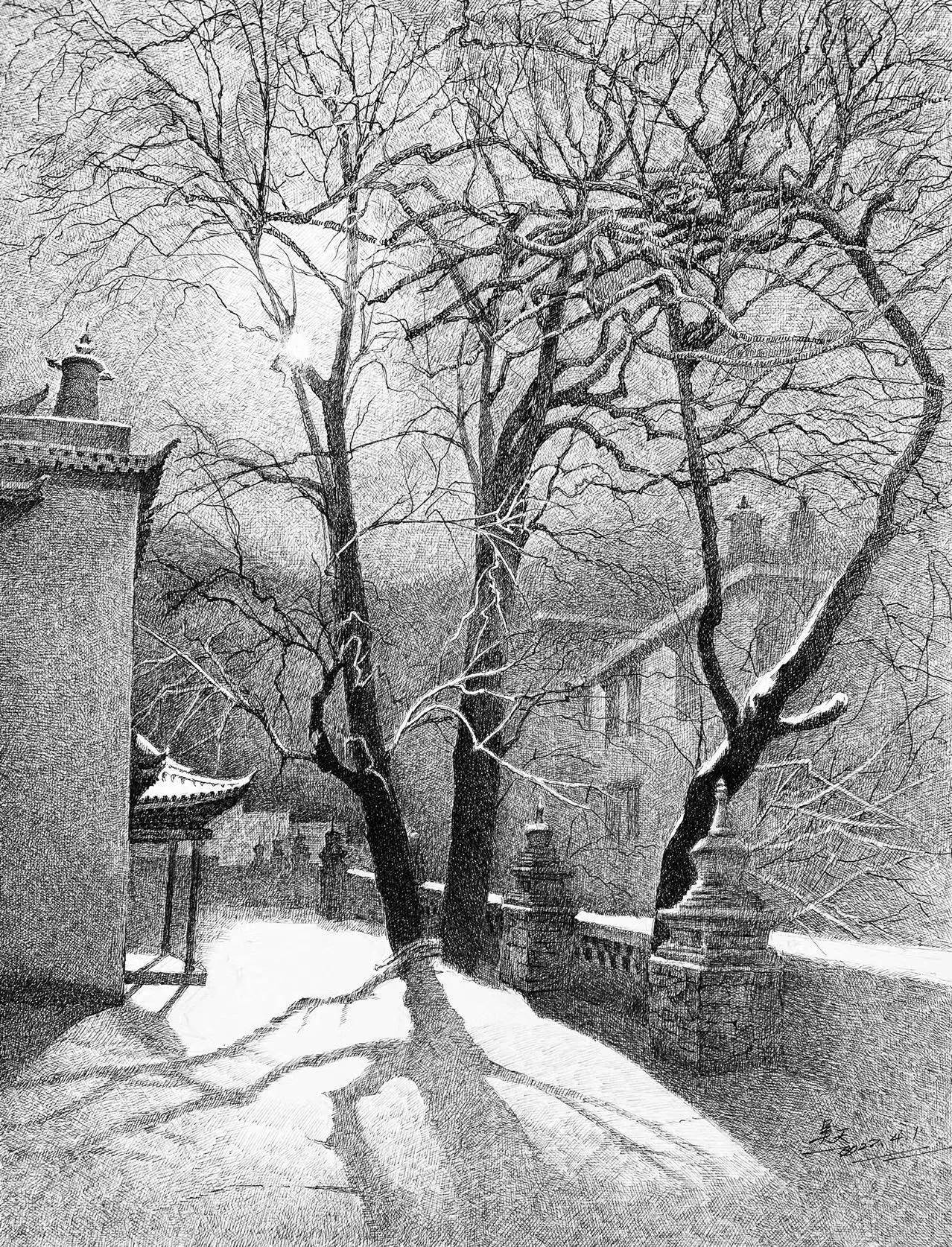 吴天先生的钢笔画系列作品江南雪韵