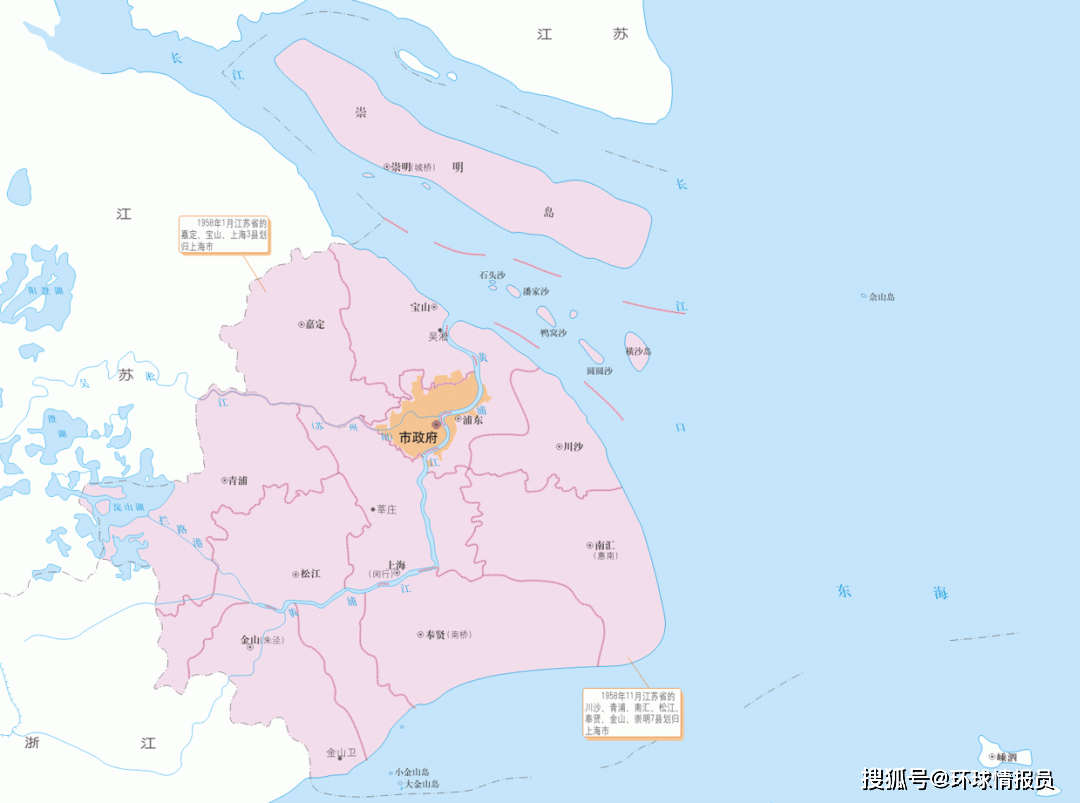 1958年上海市地图10个县划入上海以后,上海市的总面积扩大了近10倍