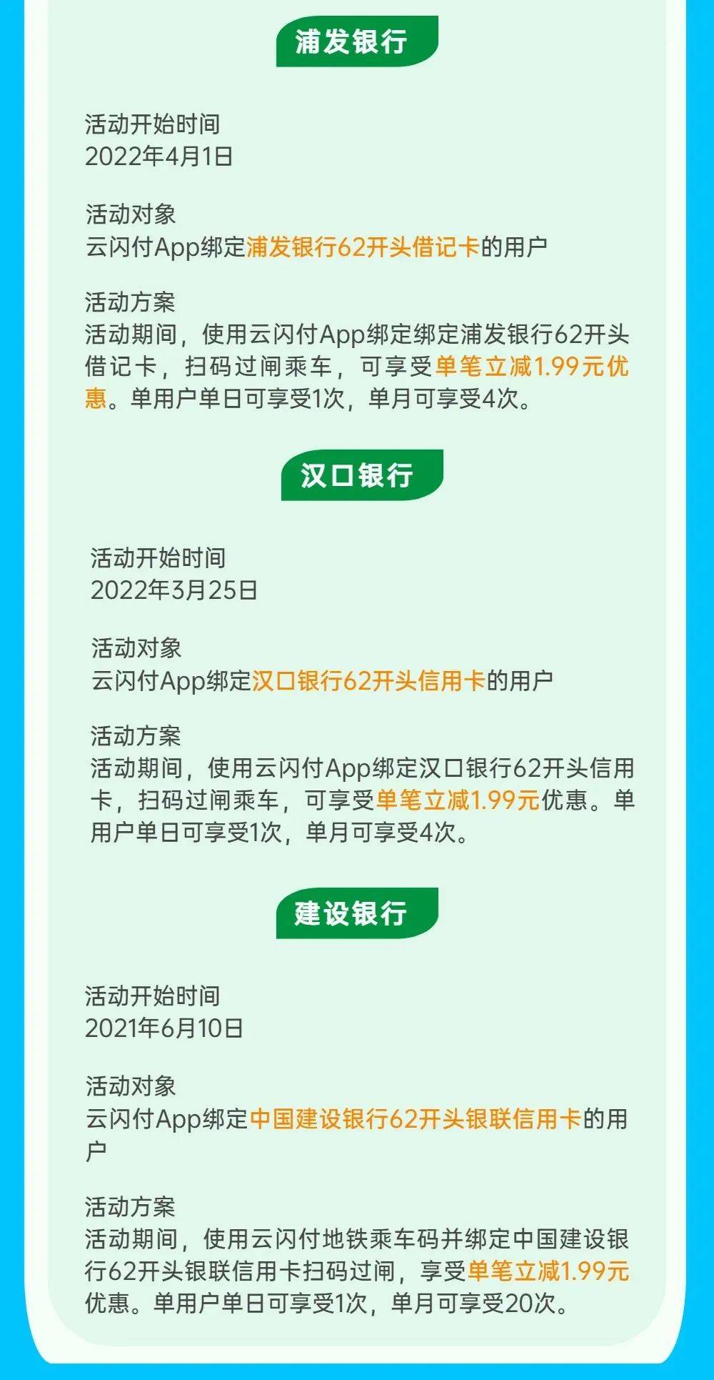 闪付地铁优惠方式云闪付（浦发银行、汉口银行、建设银行） 地铁优惠方式中国银行app地铁优惠方式建设银