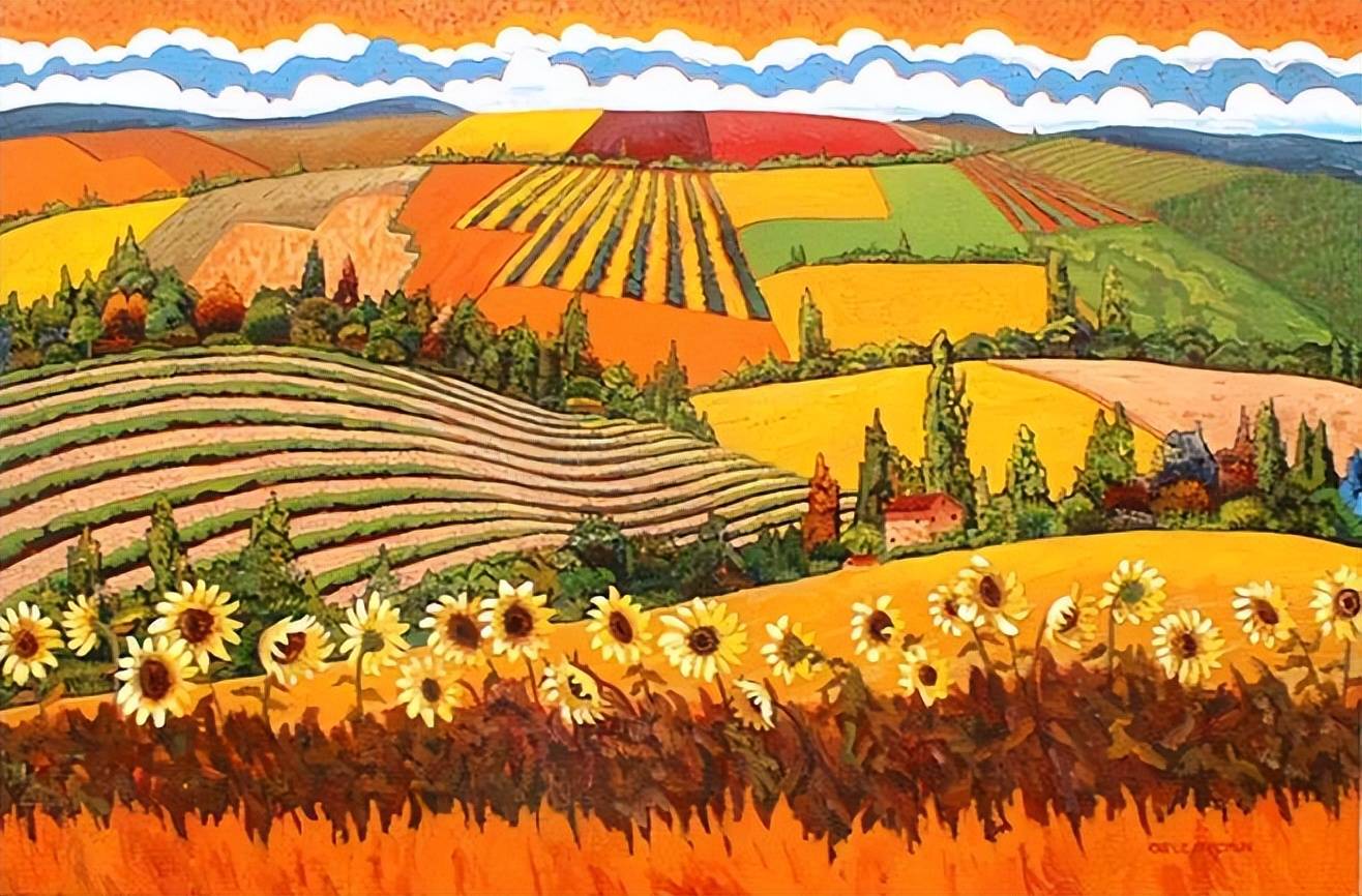 他将整片乡村田园染出了七彩色色彩的艳丽漂亮极了