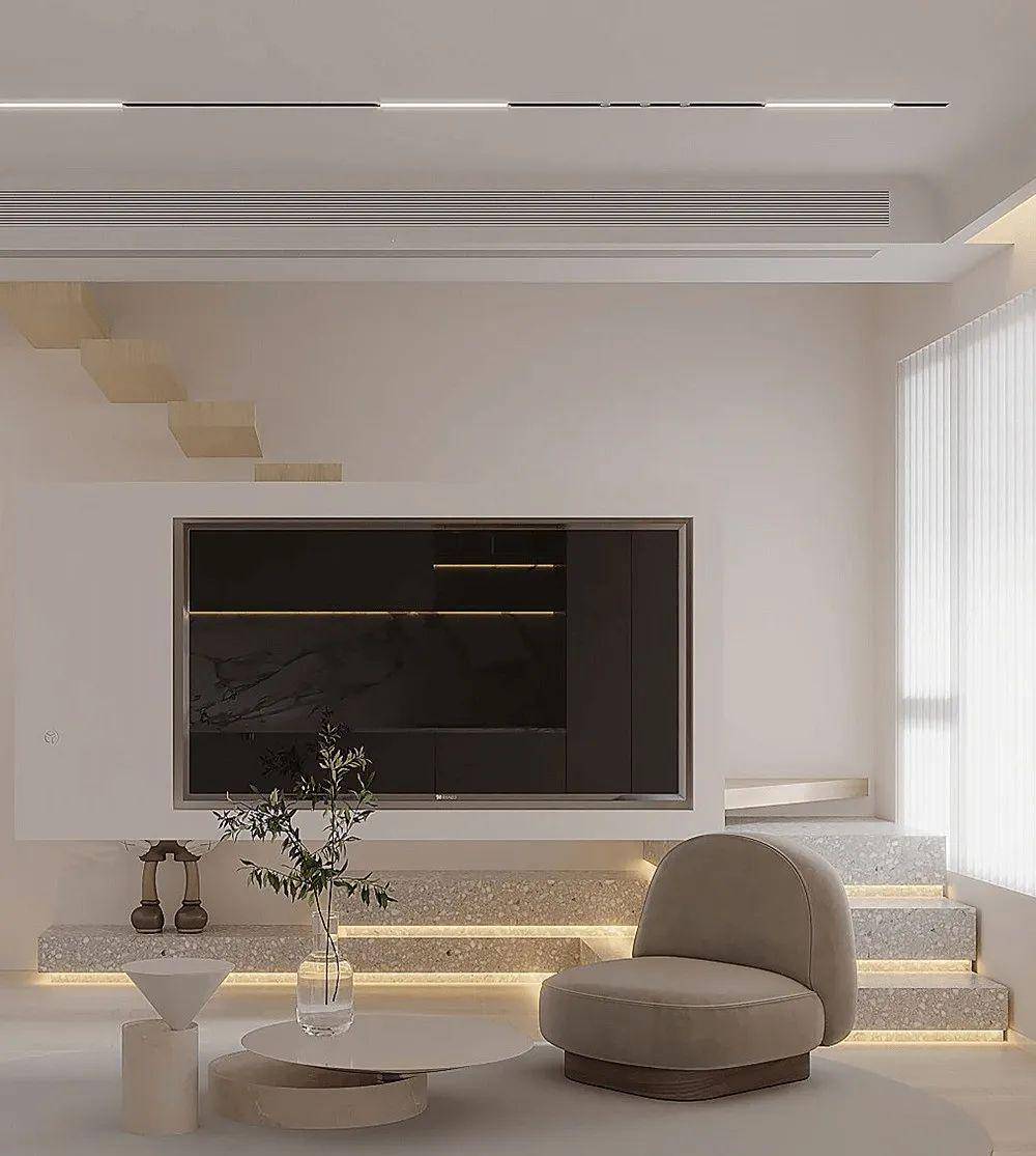 这是我见过最前卫的楼梯设计电视墙悬浮装在扶手上科技感十足