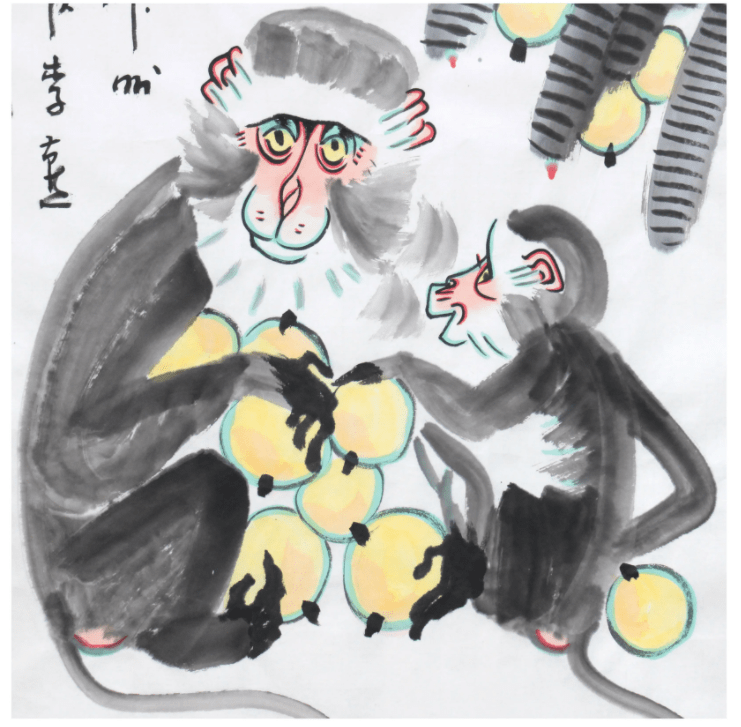 蔵出】李燕≪猴子采食図≫肉筆掛軸・著名書画家／美術教育家／大写意