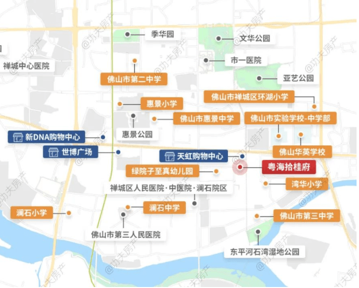 湾华公园,惠景公园,文华公园,亚艺公园,季华园簇拥在四周,往南直线1