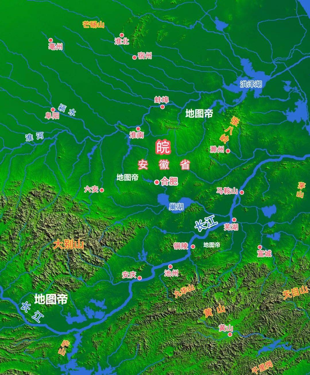 安徽的地形,基本上大別山和黃山兩高,東南與浙江省接壤有天目山等