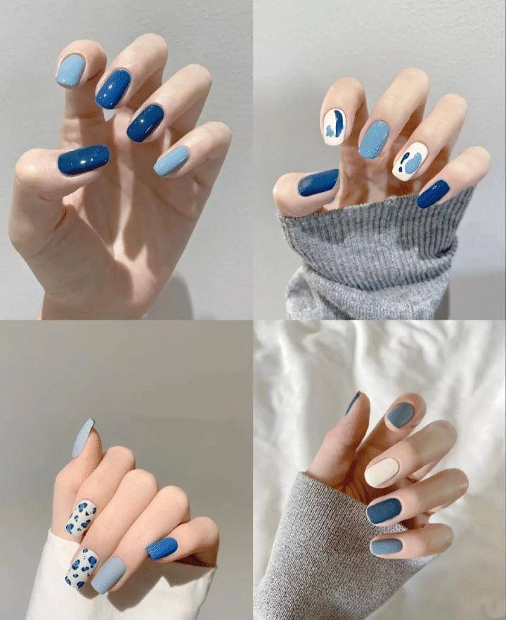 显白蓝色系美甲,油画质感的高级,好看且大气_指甲_款式_气质