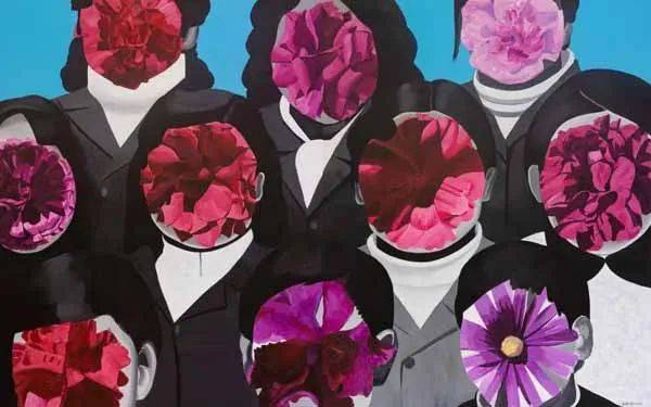 岳敏君 《天竺葵 山茶花等十朵花》 布上油画250x200cmx2 2021赵赵的