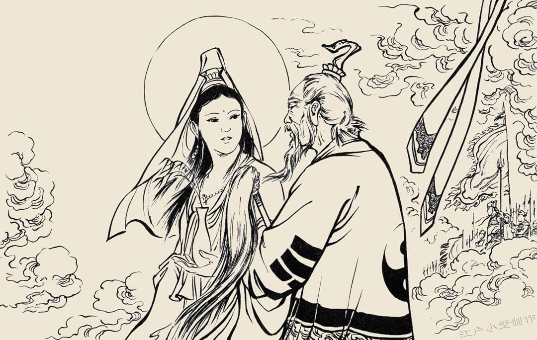 观音菩萨和太上老君在云端观战,菩萨道:"我推荐的杨戬不错吧,果然能敌