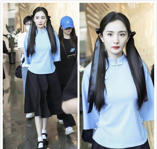 杨幂真是会扮美,双马尾俏皮可爱,穿一身学生装元气满满_蓝色_时尚