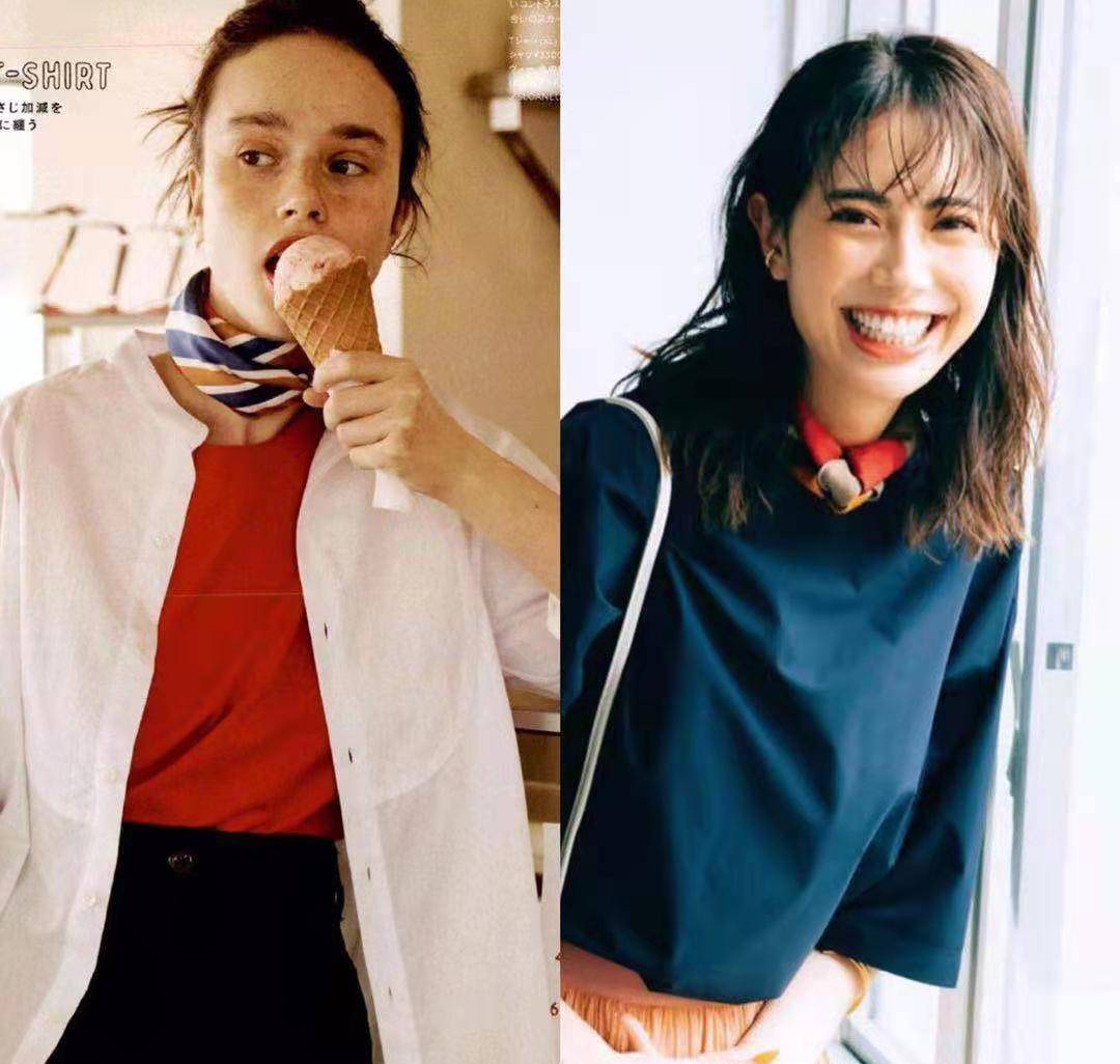 尤其是白色t恤,可以和各种丝巾进行搭配,运用不同的丝巾系法,就会很