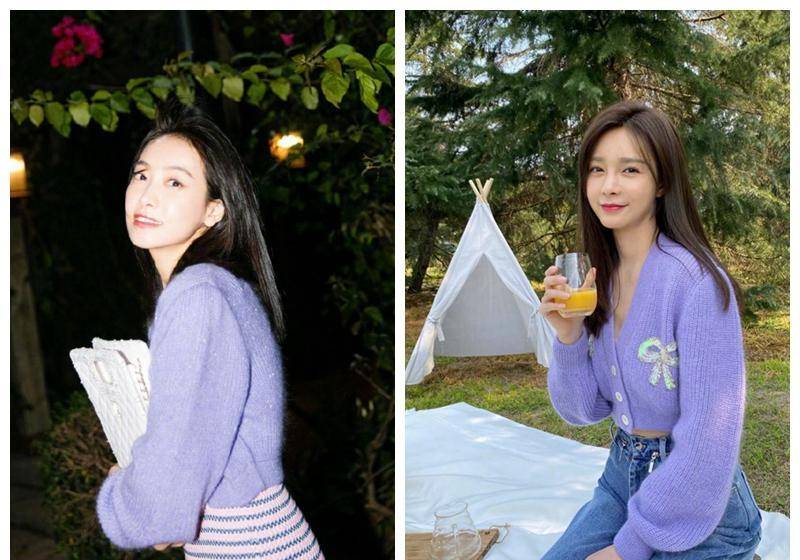宋茜撞衫沈梦辰,同穿紫色高腰针织开衫,风格却大不一样_气质_香芋